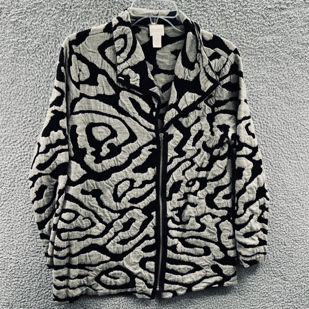 Chicos Women Abstract Cardigan Jacket M Longline Zip Artsy Boho Avant Garde